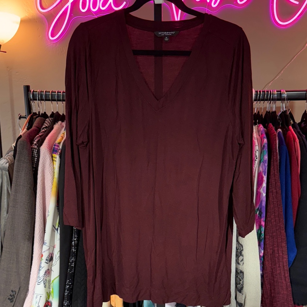 Liverpool Rich Burgundy Long Sleeve V-Neck Top NWOT